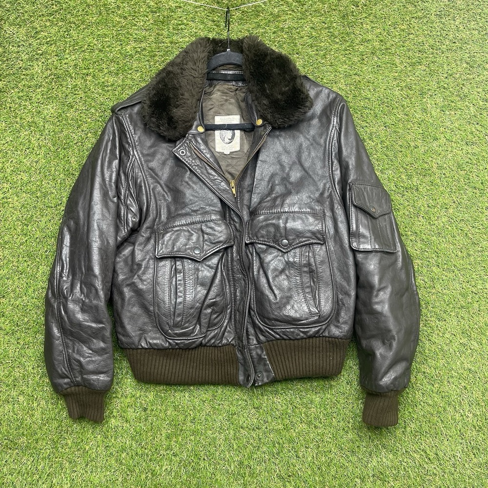 Vintage American Express Leather Flight Jacket Womens 14 A-2 Bomber Black Fur